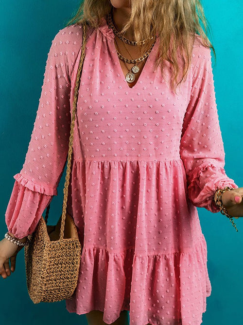 Women's Swiss Dot V-Neck Long Sleeve Mini Dress