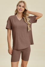 Basic Bae Full Size Ribbed V - Neck Short Sleeve Top and Shorts Set - Luxe Shopping