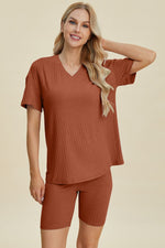 Basic Bae Full Size Ribbed V - Neck Short Sleeve Top and Shorts Set - Luxe Shopping