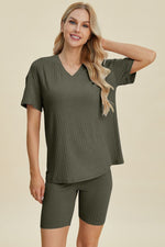 Basic Bae Full Size Ribbed V - Neck Short Sleeve Top and Shorts Set - Luxe Shopping