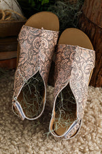 Brown Vintage Floral Leather Rivet Hollowed Platform Sandals - Luxe Shopping