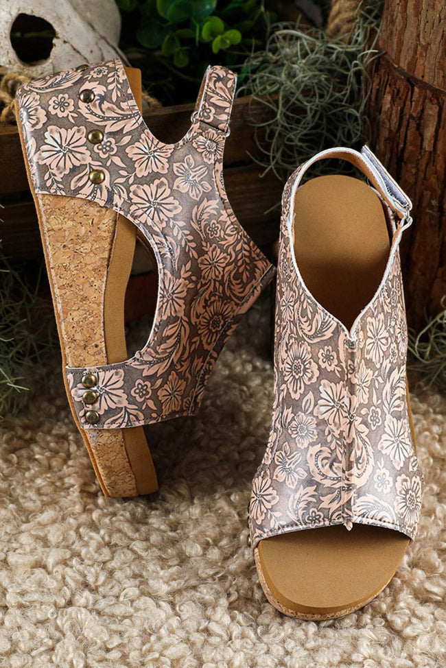Brown Vintage Floral Leather Rivet Hollowed Platform Sandals - Luxe Shopping