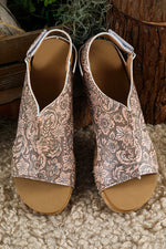 Brown Vintage Floral Leather Rivet Hollowed Platform Sandals - Luxe Shopping