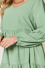 Double Take Full Size V - Neck Balloon Sleeve Tiered Dress with Pockets - Luxe Shopping