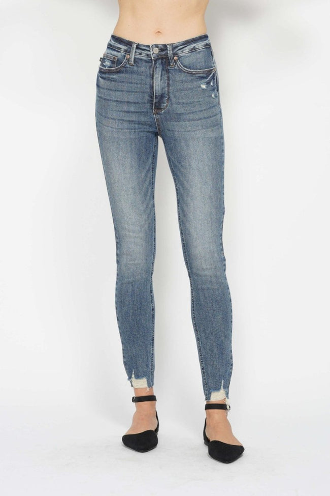 Judy Blue Full Size Tummy Control Vintage Wash Hem Destroy Skinny Jeans - Luxe Shopping