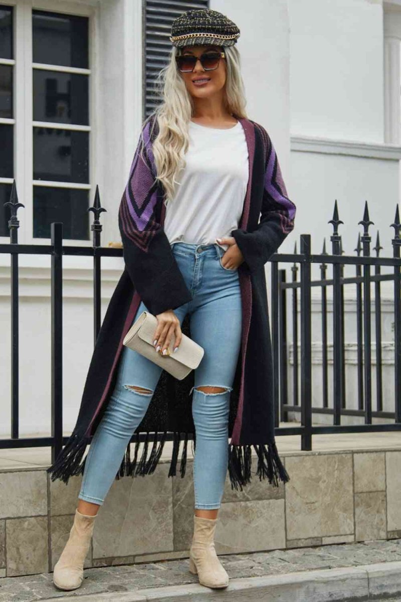 Geometric Fringe Hem Open Front Duster Cardigan - 3 Colors - Luxe Shopping