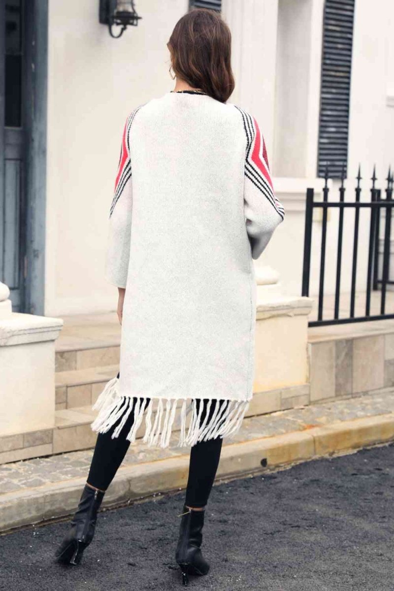 Geometric Fringe Hem Open Front Duster Cardigan - 3 Colors - Luxe Shopping