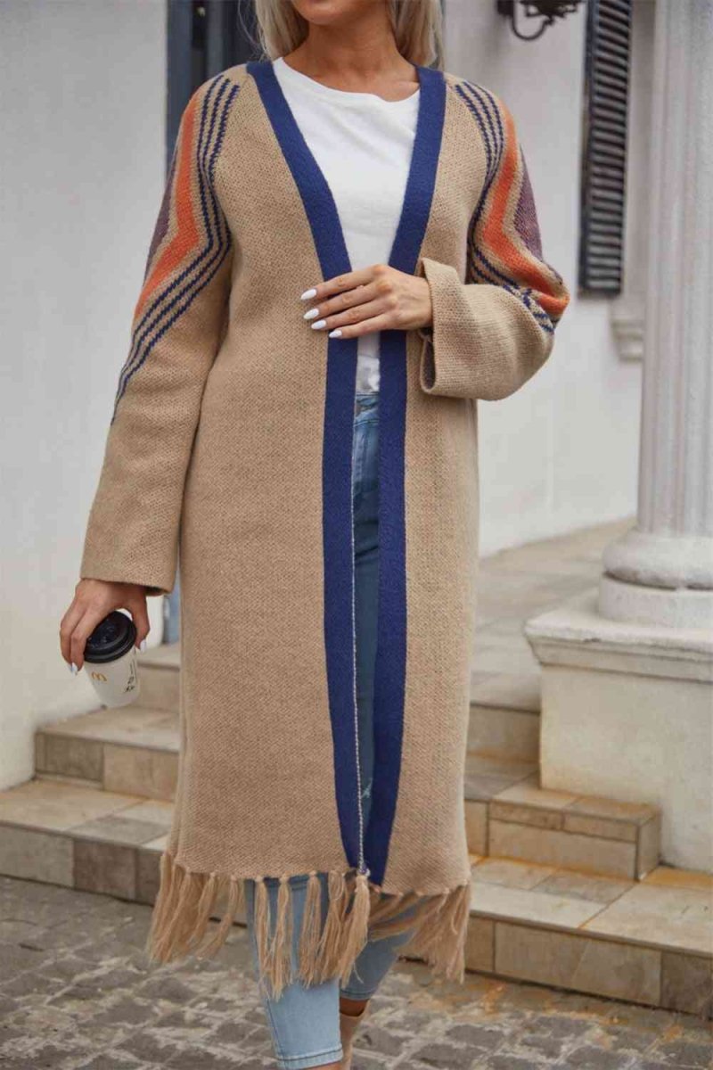 Geometric Fringe Hem Open Front Duster Cardigan - 3 Colors - Luxe Shopping