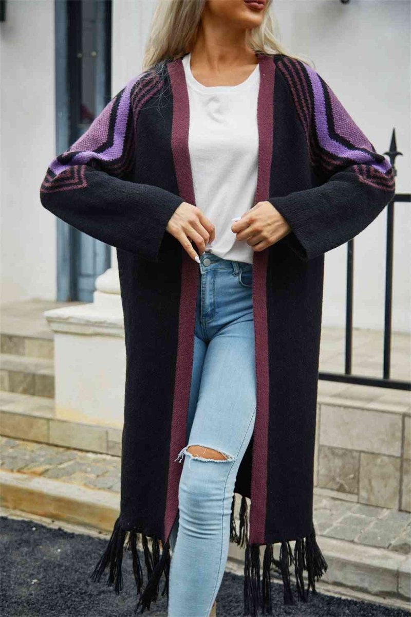 Geometric Fringe Hem Open Front Duster Cardigan - 3 Colors - Luxe Shopping