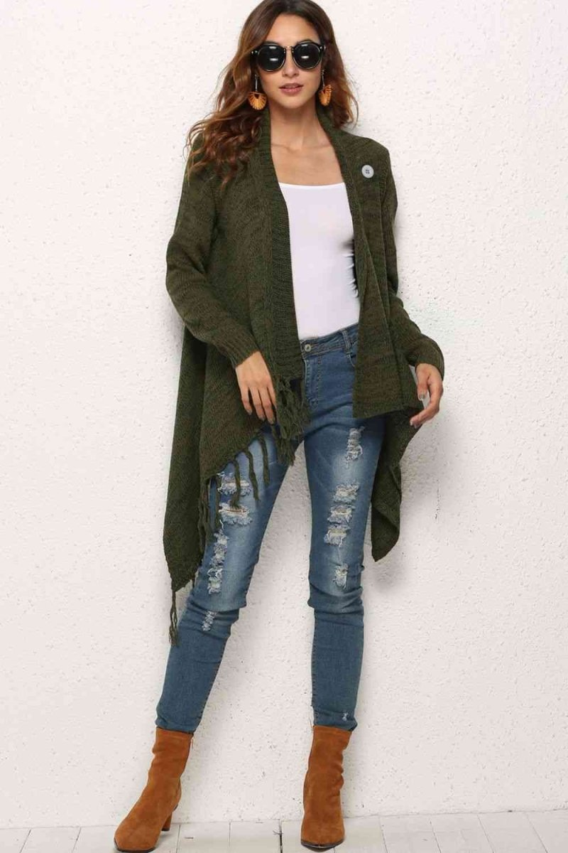 One-Button Tassel Tie Asymmetrical Hem Cardigan - 4 Colors - Luxe Shopping