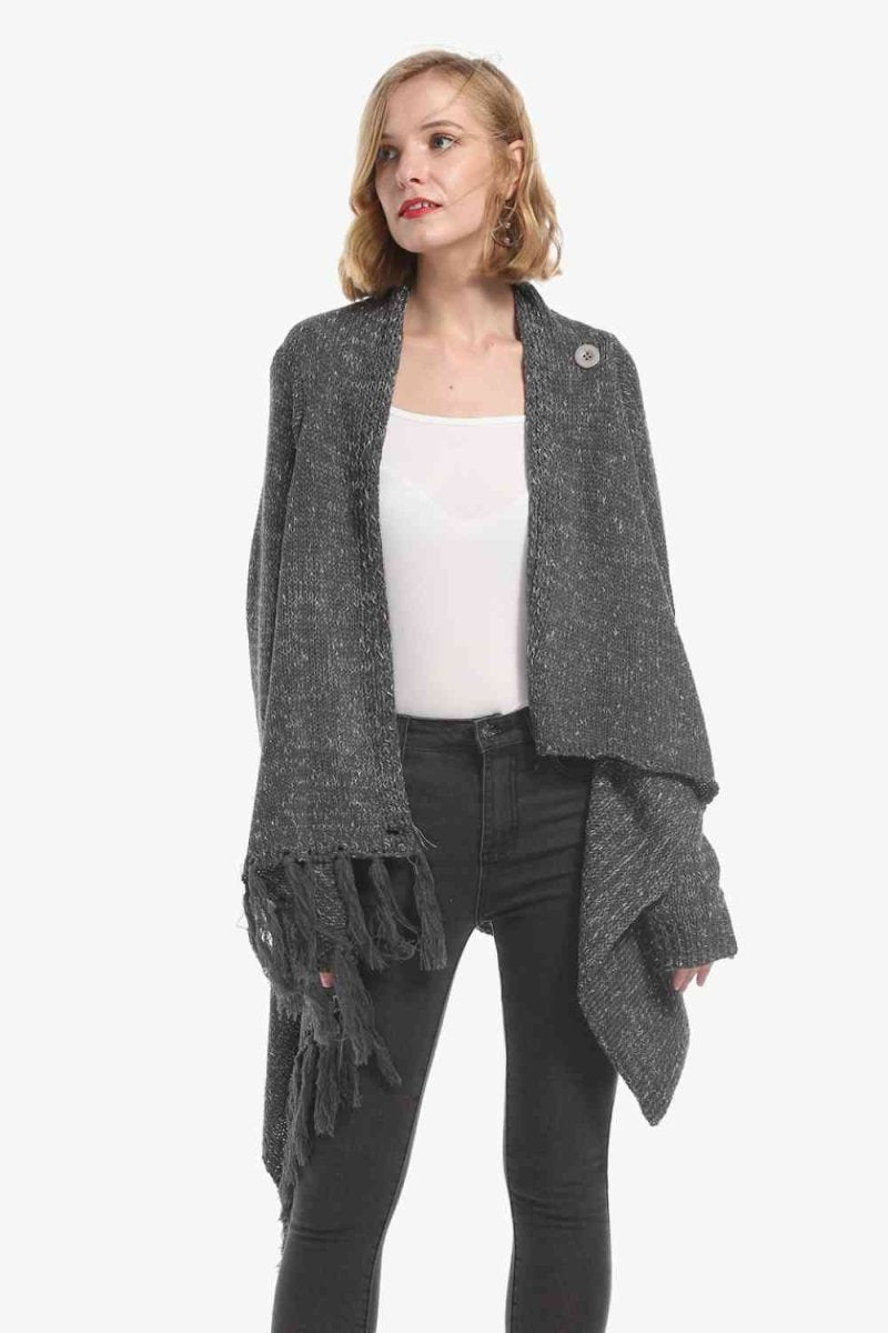 One-Button Tassel Tie Asymmetrical Hem Cardigan - 4 Colors - Luxe Shopping