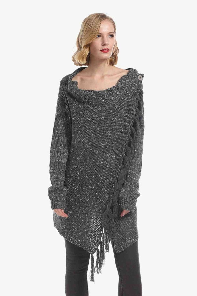 One-Button Tassel Tie Asymmetrical Hem Cardigan - 4 Colors - Luxe Shopping
