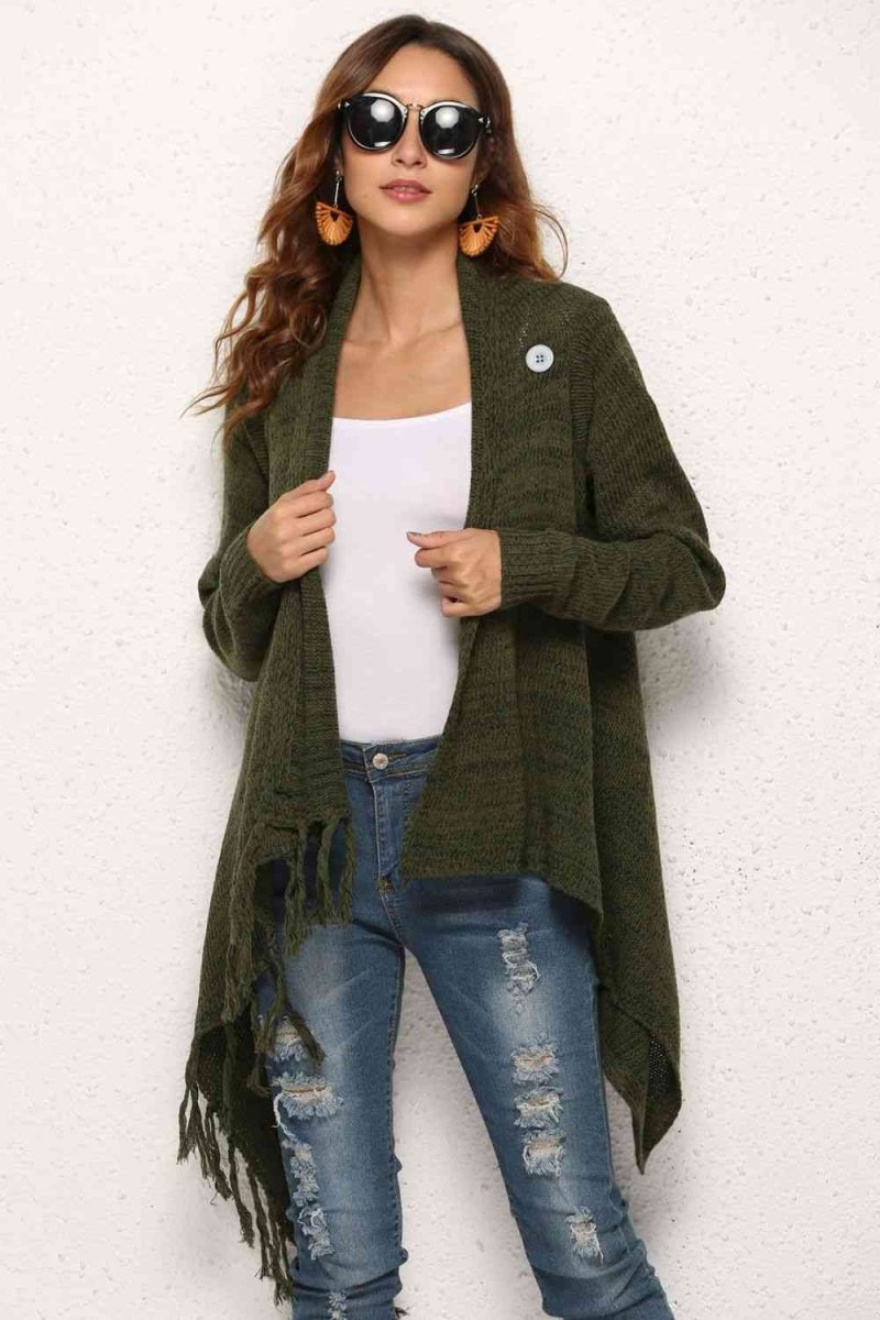 One-Button Tassel Tie Asymmetrical Hem Cardigan - 4 Colors - Luxe Shopping
