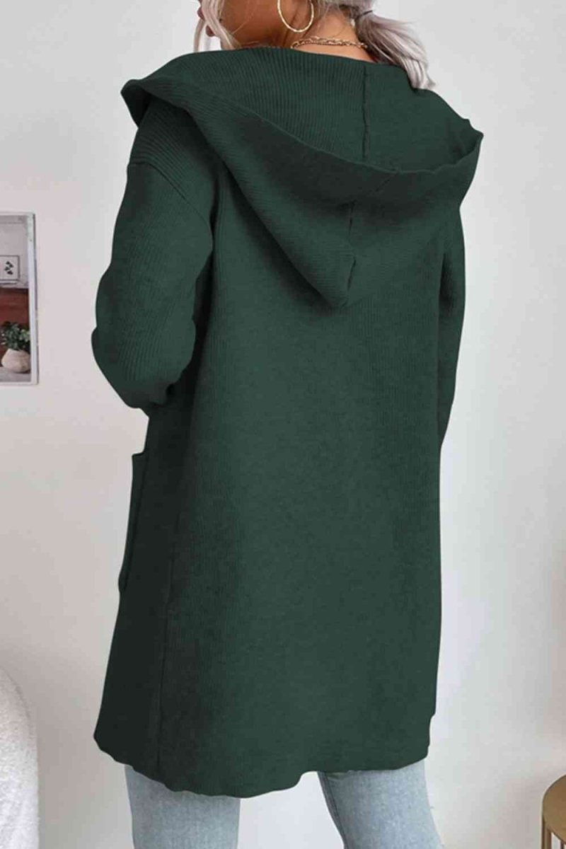 Ribbed Open Front Hooded Cardigan with Pockets - 4 Colors - Luxe Shopping