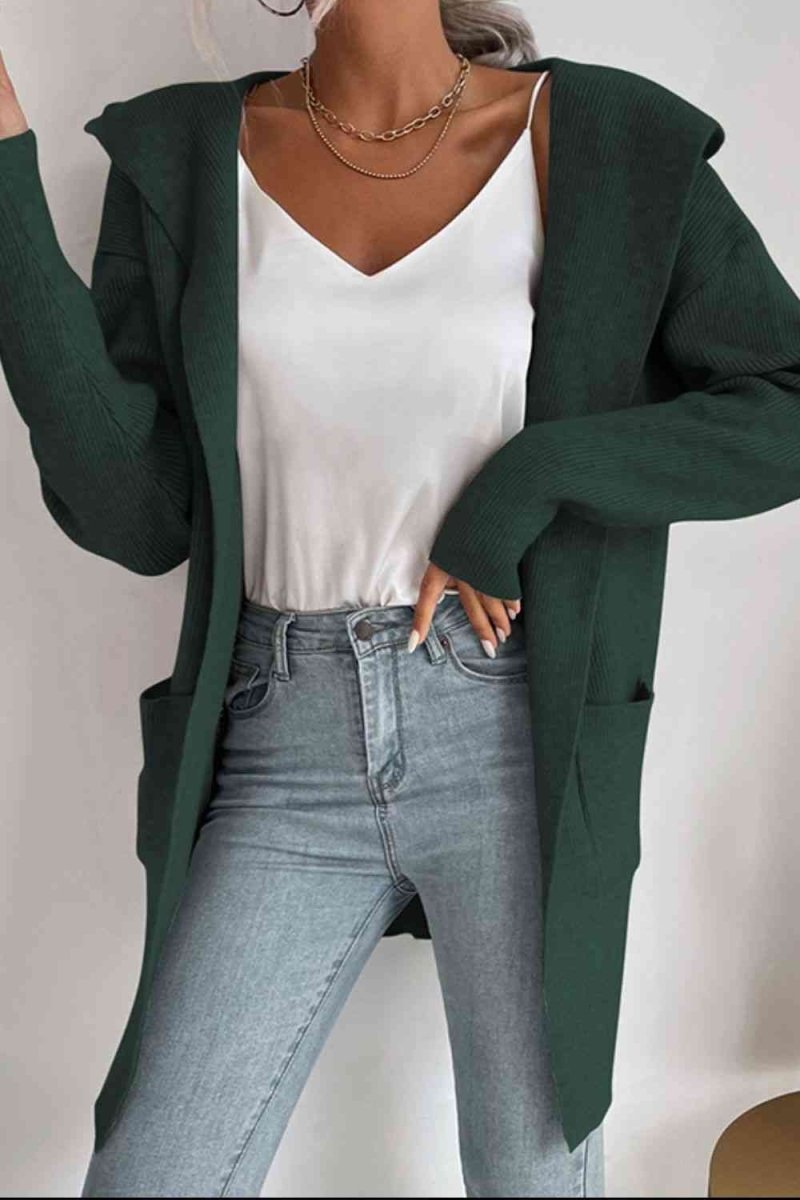 Ribbed Open Front Hooded Cardigan with Pockets - 4 Colors - Luxe Shopping