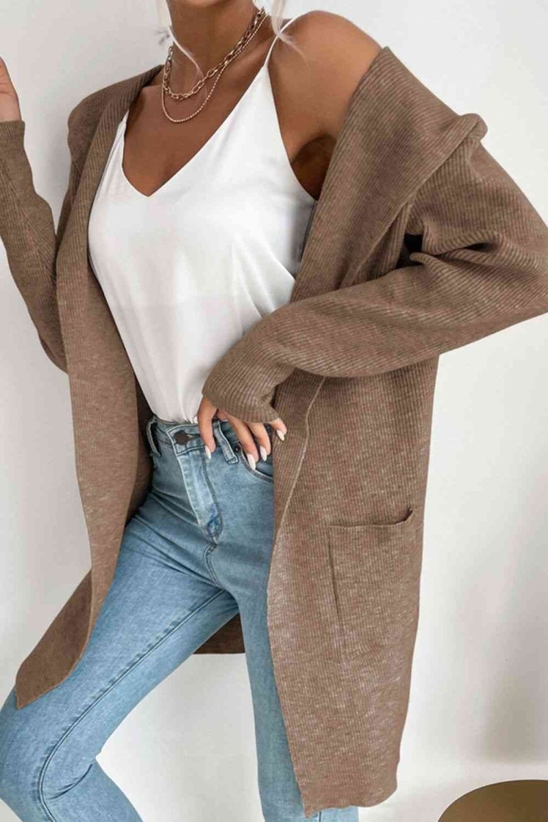 Ribbed Open Front Hooded Cardigan with Pockets - 4 Colors - Luxe Shopping