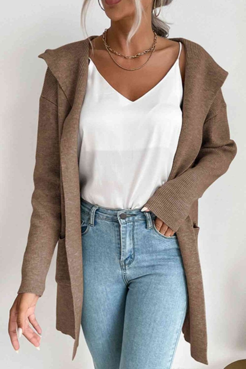 Ribbed Open Front Hooded Cardigan with Pockets - 4 Colors - Luxe Shopping