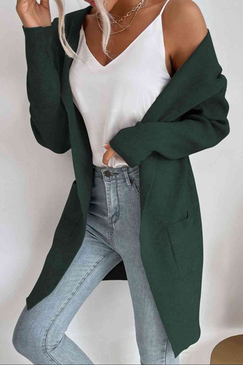 Ribbed Open Front Hooded Cardigan with Pockets - 4 Colors - Luxe Shopping
