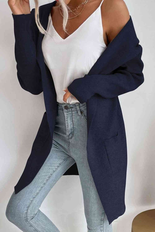 Ribbed Open Front Hooded Cardigan with Pockets - 4 Colors
