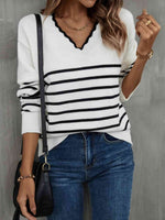 Striped V-Neck Drop Shoulder Sweater - 3 Colors - Luxe Shopping