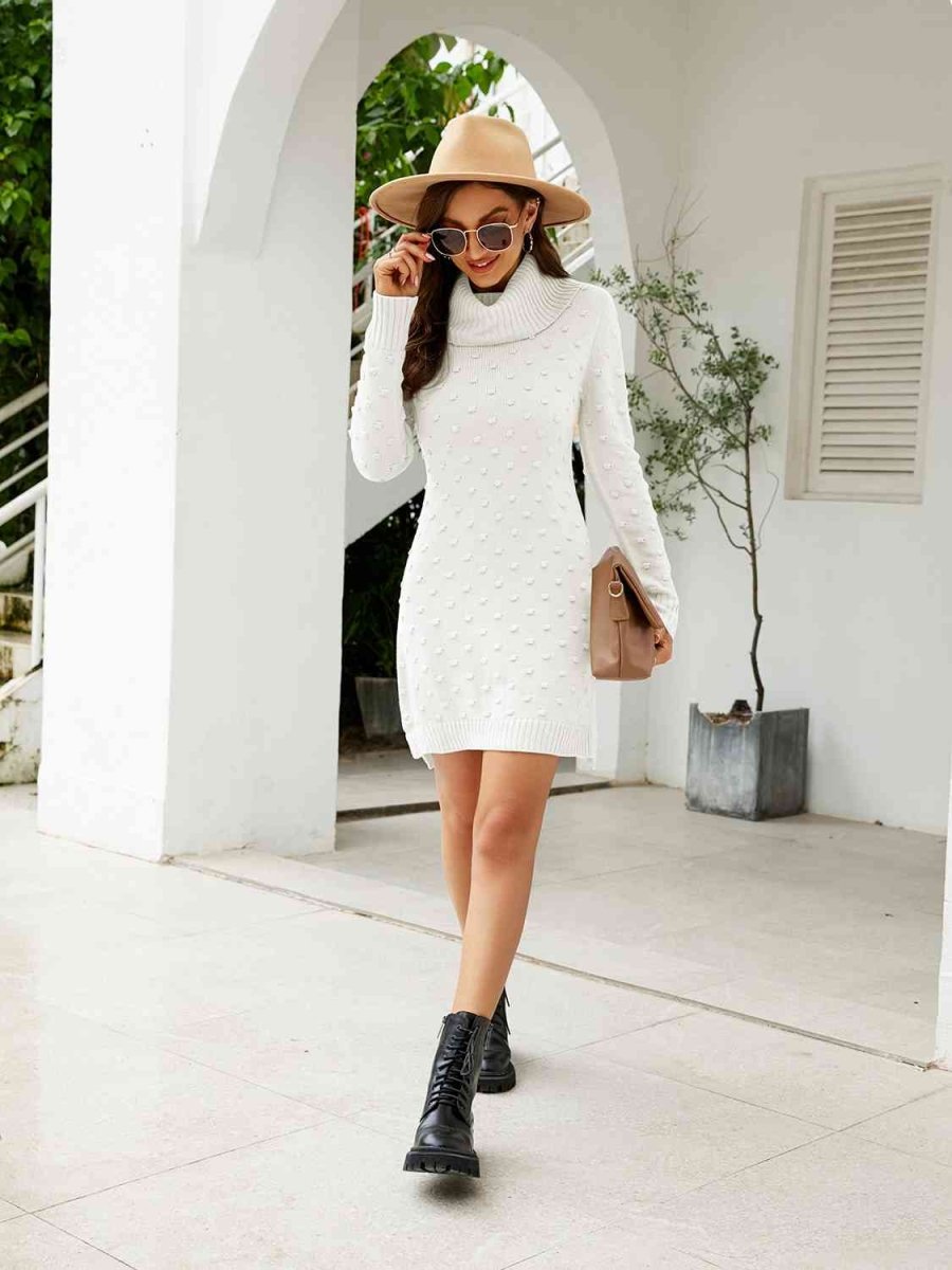 Turtleneck Long Sleeve Slit Sweater Dress - 2 Colors - Luxe Shopping